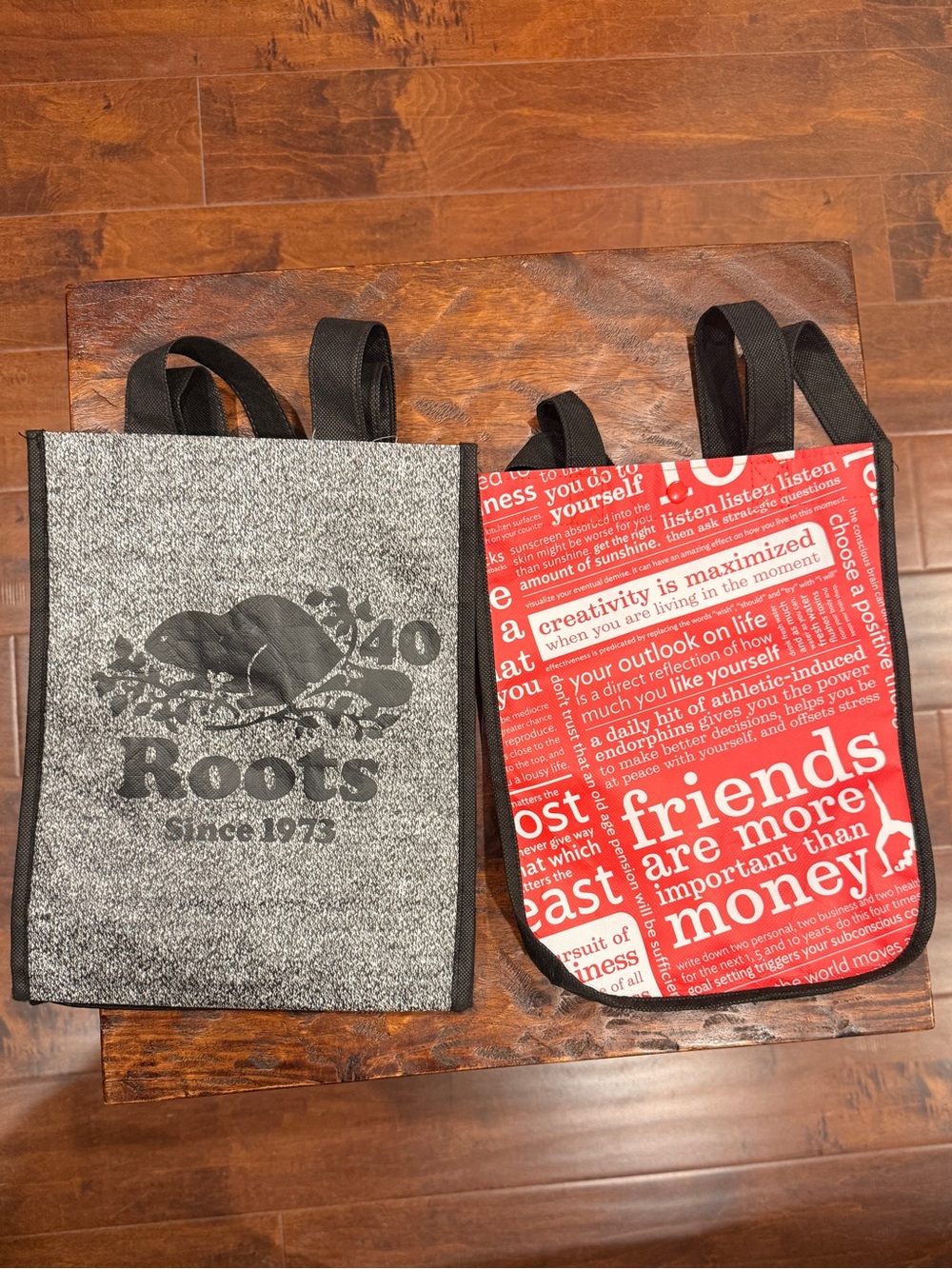 Pair of Small Lunch Tote Bags Includes Lululemon Read All Over & Roots Bags